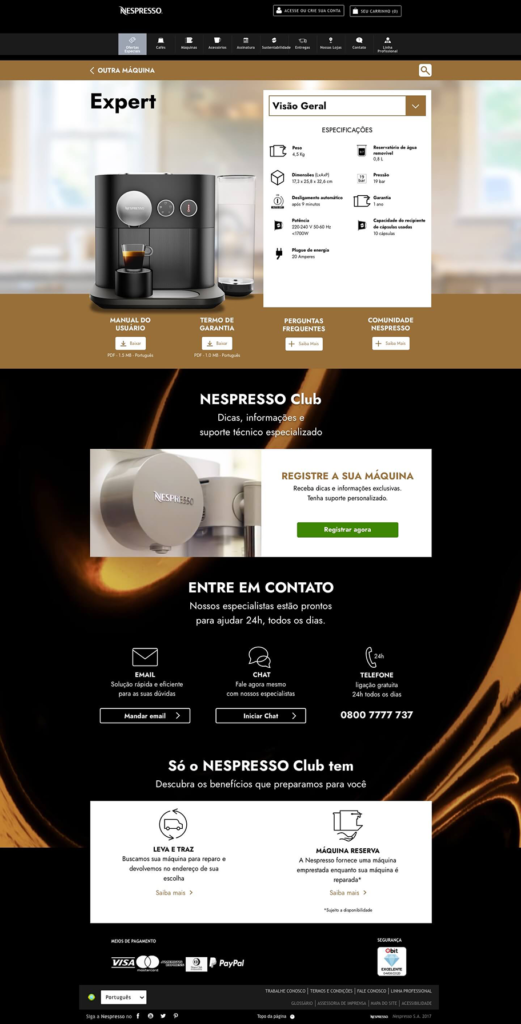 Projeto gráfico final da página de uma cafeteira Nespresso